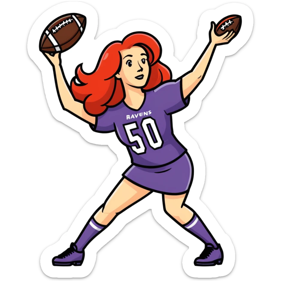 Make a sticker of a 50 year-old attractive woman throwing a football. She has long red hair and she’s saying go ravens sticker
