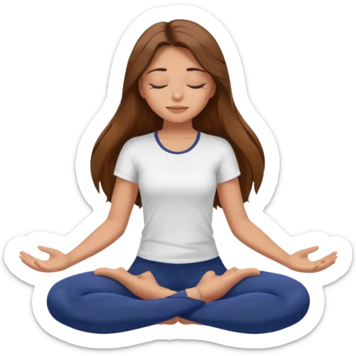 Brown long haired girl with closed eyes in dark blue leggings and a white t-shirt sits on the splits sticker