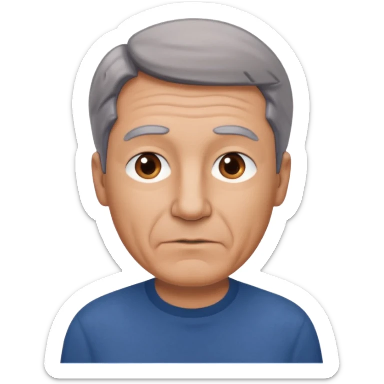 create an emoji of a man with wrinkles, oval face. he has an American look, a few grey hairs and brown hair, brown eyes, slightly tanned skin, natural lips. he wears a short sleeve dark blue shirt sticker