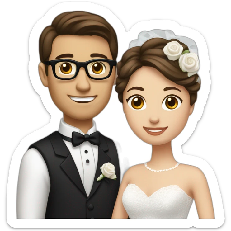 Wedding couple. Bride has brown hair pinned up. She wears lace dress. She has brown eyes. Groom has black tuxedo. He has black hair. He wears glasses. He has blue eyes. sticker