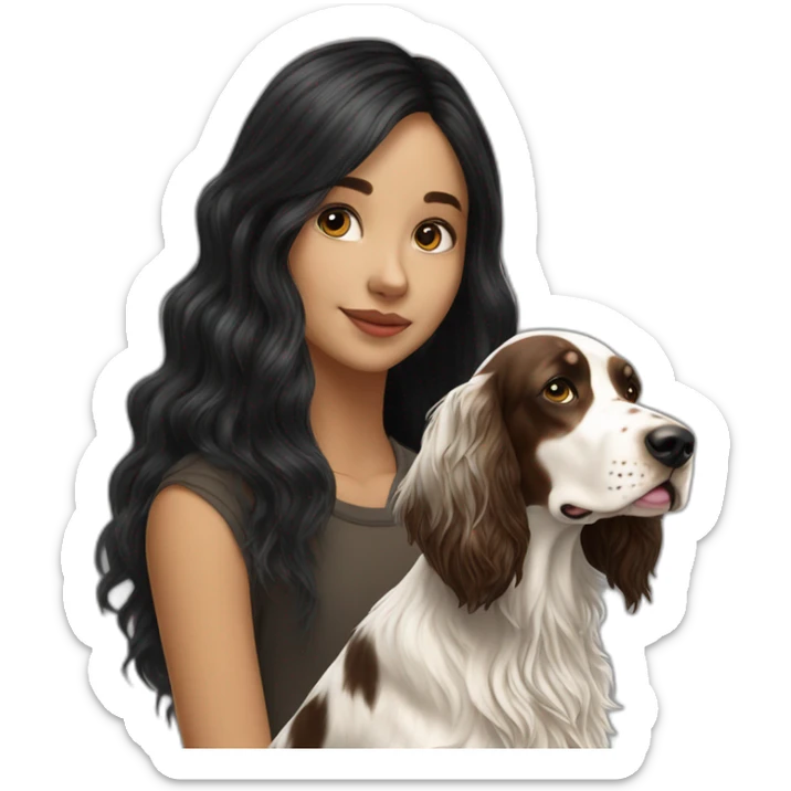 hyperrealist caucasian girl black long hair with brown english setter dog sticker