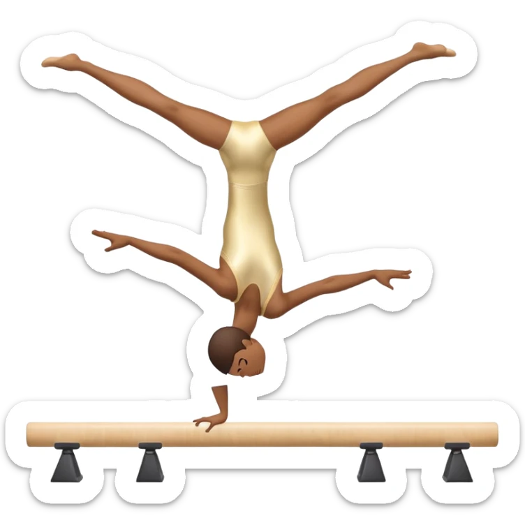 An artistic emoji of a professional sports acrobat performing a stunning balance pose on a narrow beam. The acrobat showcases perfect control, flexibility, and strength, executing an elegant handstand. The background features a bright gymnastics arena with spotlights. sticker
