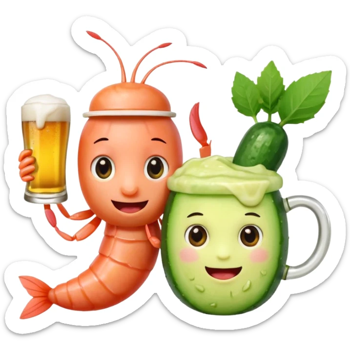 Emoji-style food mascots, NOT human.
Two cute shrimp characters, simple cartoon faces, big round eyes, small smiles.
One shrimp holding a beer mug with foam, the other holding an aguachile bowl with cucumber and chili.
Flat + soft 3D style, clean shapes, no human facial details, no realistic skin.

 sticker