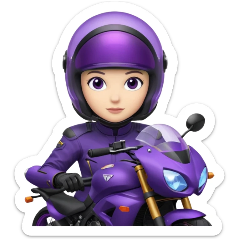 Créer un emoji avec une moto mt07 sport noir mate / violet iridescent très foncé. Avec une pilote dessus visière violet sombre faceless, bulle de la moto violet. Avec fond arrière violet, tenue complète casque inclus violet  sticker