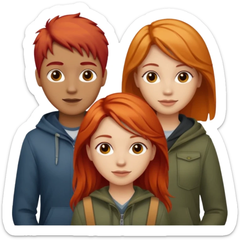 Can you create an image of 3 friends together one with red bright hair light skin one the other with brown hair with some blonde highlights in the hair fair skin the last one with light brown a tint of orange hair sticker