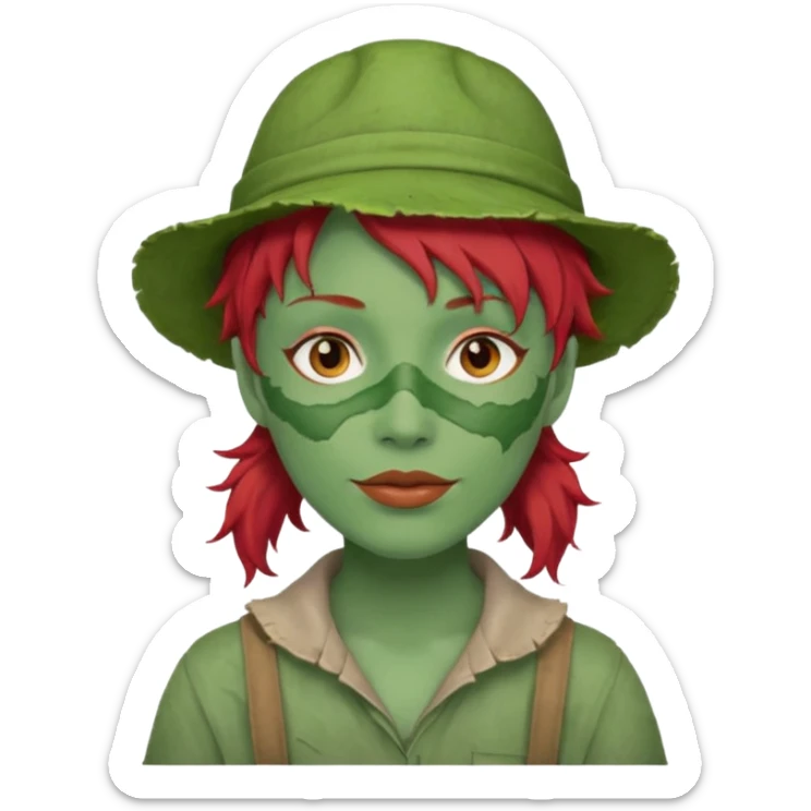 messy green full face green clay mask and tourist hat red hair  sticker