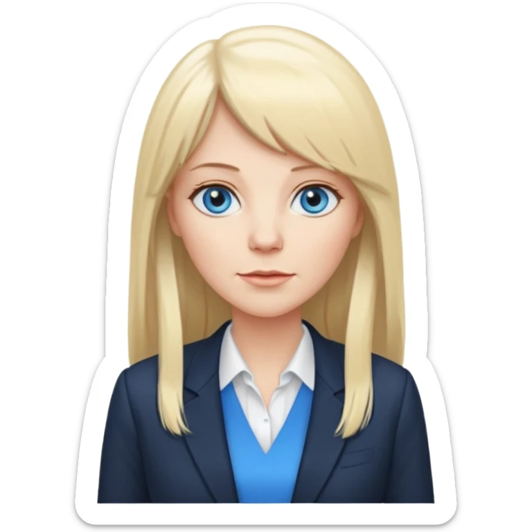 450 yr old white woman, pale skin, long straight blond hair parted in center, blue eyes, bangs, clothes for office sticker