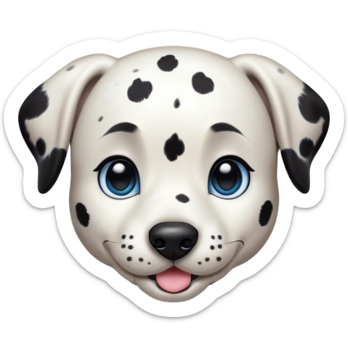 Cinematic Cute Spotted Dalmatian Portrait Emoji, Head tilted playfully and inquisitively, featuring a glossy Fur of predominantly white with dynamic black patches, round, sparkling blue eyes filled with gentle curiosity, Simplified yet irresistibly adorable features, highly detailed, glowing with a warm, friendly glow, high shine, affectionate and gentle, stylized with a touch of whimsy, bright and endearing, soft glowing outline, capturing the essence of a mischievous yet loving pup, so playful it feels like it could lumber out of the screen and into your arms! sticker