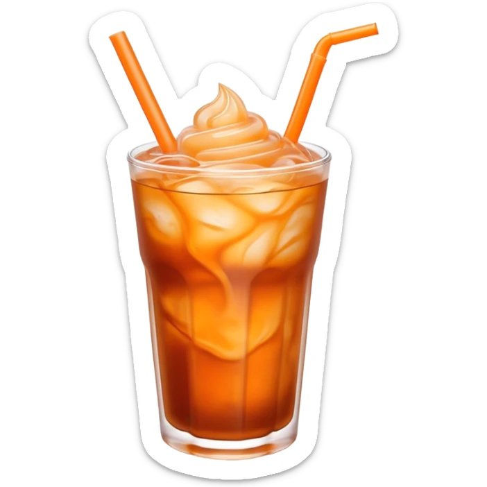 Cinematic Realistic Thai Ice Tea Drink Emoji, depicted as a chilled glass of sweet, creamy iced tea rendered with vivid textures and refreshing, dynamic lighting. sticker