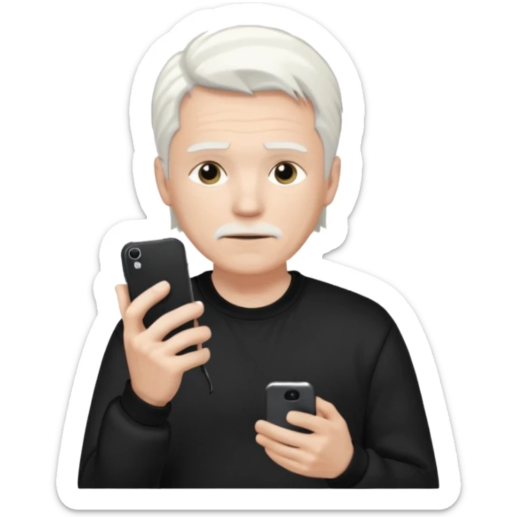 Hombre blanco con cabello blanco ropa negra Adidas y un teléfono en la mano derecha viéndolo sticker