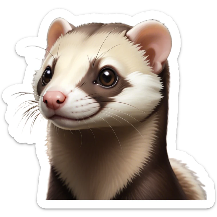 Cinematic Noble sable ferret Portrait Emoji, Poised and dignified, with a sleek, elongated body and a distinct sable ferret head featuring a pointed snout, small, rounded ears, and intelligent, beady eyes, covered in soft, sleek fur with natural brown and cream hues, Simplified yet sharp and sophisticated features, highly detailed, glowing with a warm, natural glow, high shine, exuding an air of quiet confidence, focused and watchful, soft glowing outline, capturing the essence of a clever and majestic sable ferret that feels as though it could leap from the screen with effortless grace! sticker