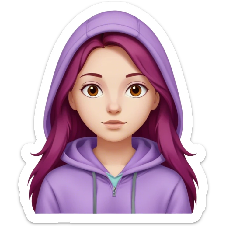 Dark red long hairt fair skinned Girl wearing a lilac colored hoodie  sticker