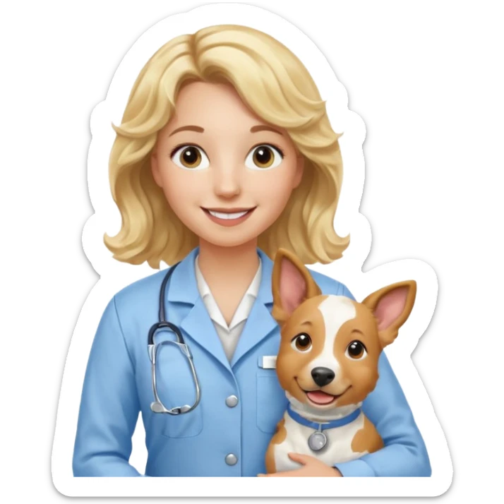 Joven mujer, de cabello bajo los hombros rubio con ondas, veterinaria de perros, vacas y caballos, con traje clínico celeste, sin delantal sticker