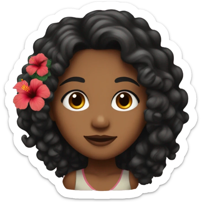 Brown girl with shoulder length thick curly black hair and hibiscus on left side sticker