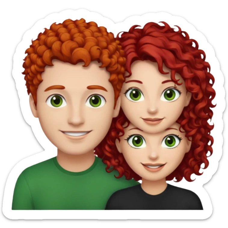 create a couple men with a red hair and browm eyes and woman with curly hair, black hair and green eyes sticker