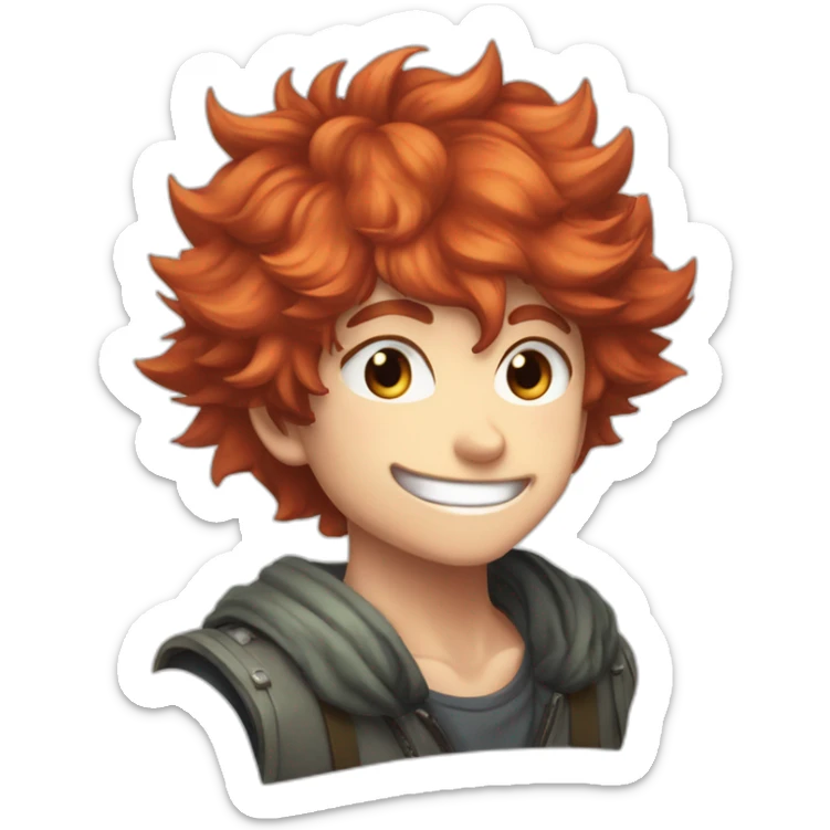 Red haired young boy with cheeky grin and pointy fluffy hair in a anime defense pose sticker