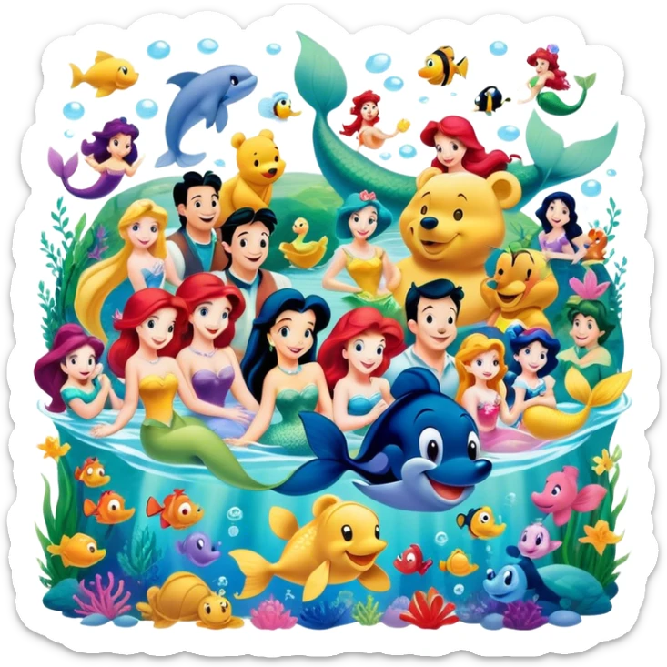 Icon for Animated Characters: A colorful, large-scale collage of beloved cartoon characters, including Franco, Mickey Mouse, Winnie-the-Pooh, Ariel the Little Mermaid, Jasmine and others. Bright and vibrant, full of whimsical charm. Transparent background. sticker