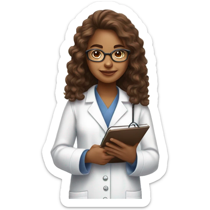 Administrator of the reproductive health office, a girl, with brown fluffy hair, wearing glasses with notebooks and a phone in her hands. In a white medical gown sticker