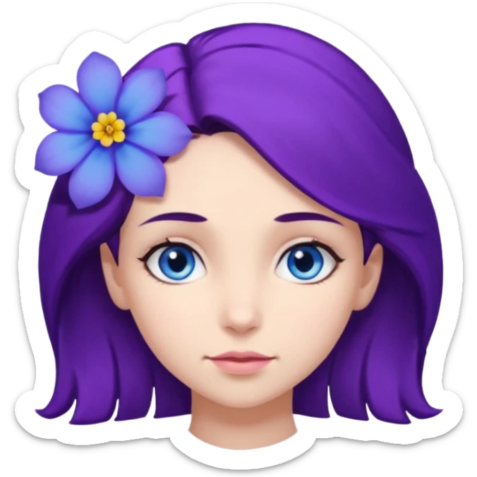 Create a girl of European appearance who looks sideways with dark brown hair, blue eyes and a purple hair flower sticker