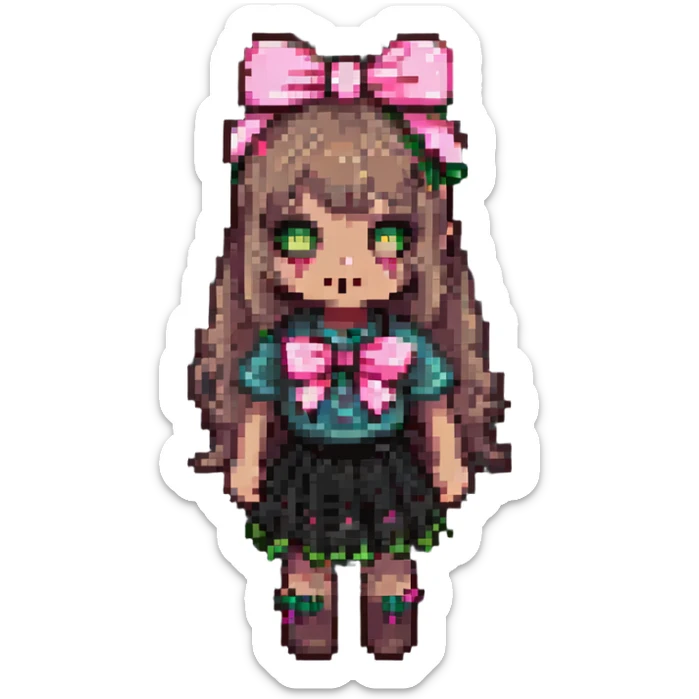 zombie girl with bangs, medium light brown hair and a pink bow, pixel art style sticker