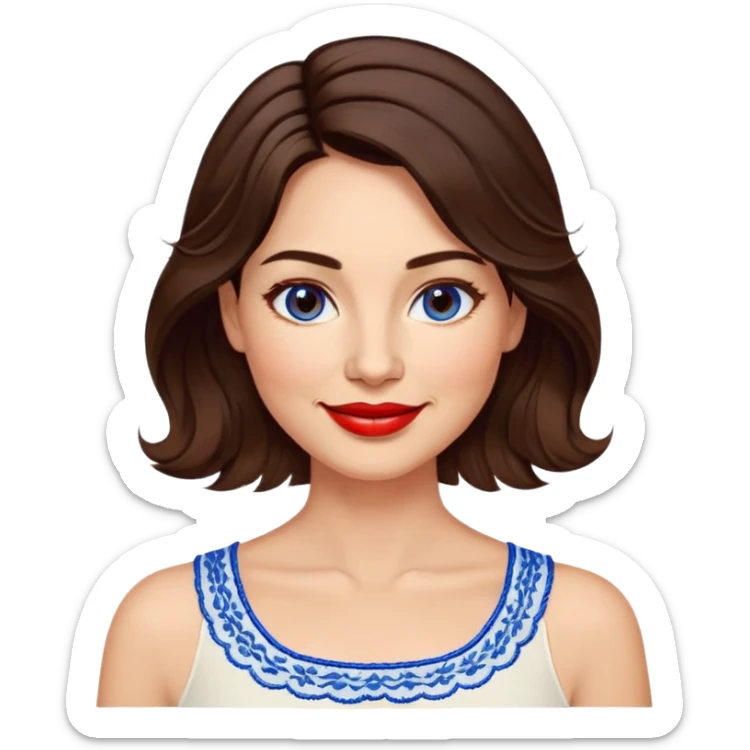 Confident 40-year-old woman with healthy glowing skin, round cheeks, warm smile, expressive light brown eyes, red lipstick, wavy dark brown shoulder-length hair, summery white top with blue embroidery and electric blue neckline sticker