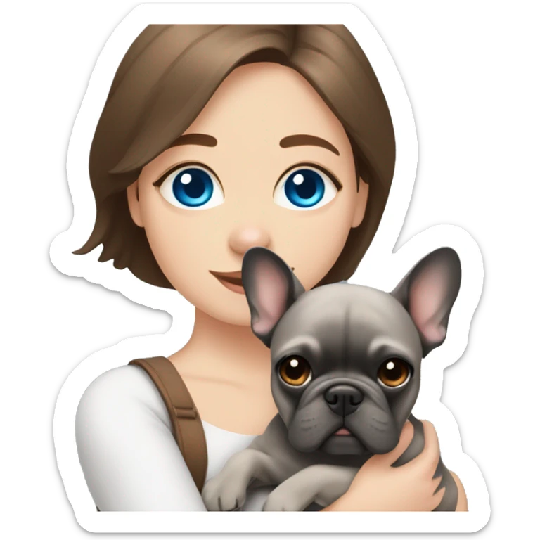 grey french bulldog blue eyes and A girl with brown hair hugging sticker