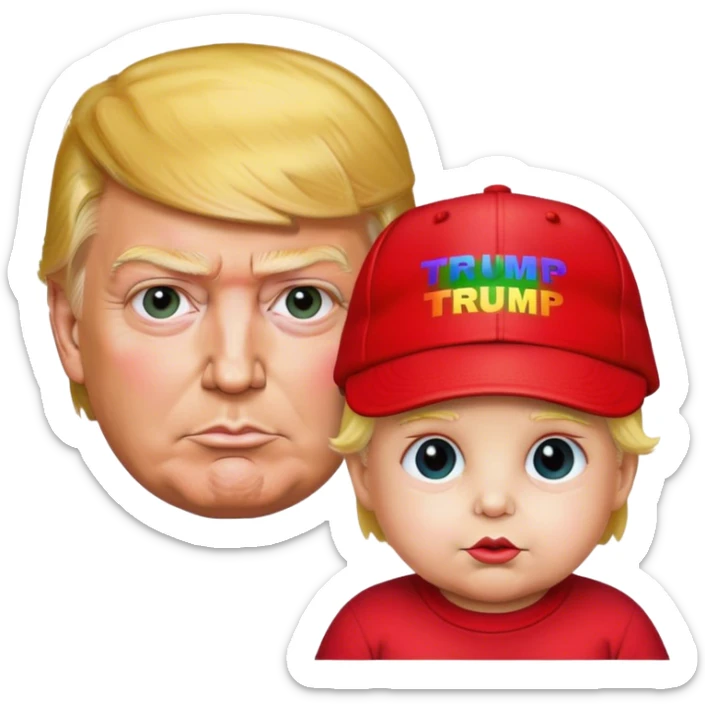 Donald trump wearing a red hat that says LGBTQ and a mini baby Donald trump  sticker
