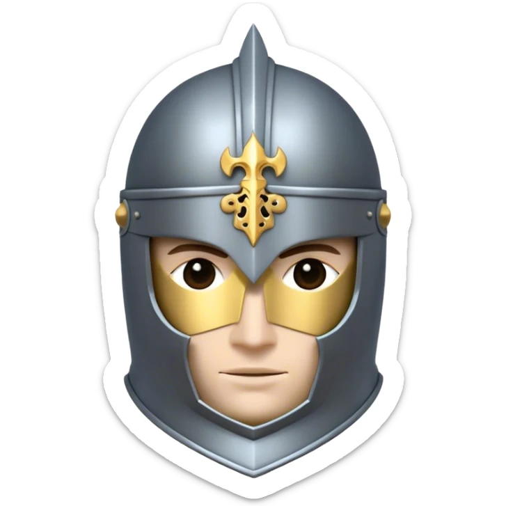 Clash of Clans aesthetic: Cinematic heroic Armored Knight Hero close up Emoji, rendered in a 3D vector-style similar to standard emojis with minimal shading and bold, simplified shapes. A compact, isometric warrior clad in gleaming plate armor with intricate heraldic details, softly glowing with a chivalrous medieval charm. Simplified yet unmistakably iconic, highly detailed and consistent, glowing with a soft radiant shine and high polish. Stylized with a touch of noble valor and a soft glowing outline, wearing a full face helm so that no face is visible with only eyes visible, capturing the essence of a gallant knight ready for honorable battle with a friendly, playful manner! sticker