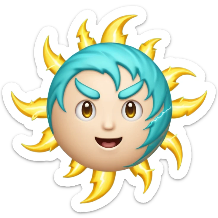 Uranus emoji in Apple-style, blue-green planet with swirling rings, a big playful and excited face, and one large yellow lightning bolt in front, bursting with electric, chaotic energy. sticker