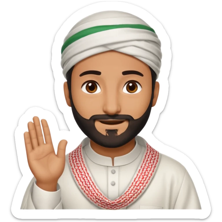 detailed iPhone-style emoji of a Saudi man in white thobe, red-and-white shemagh with black agal, short beard, brown eyes, smiling, both hands visible sticker