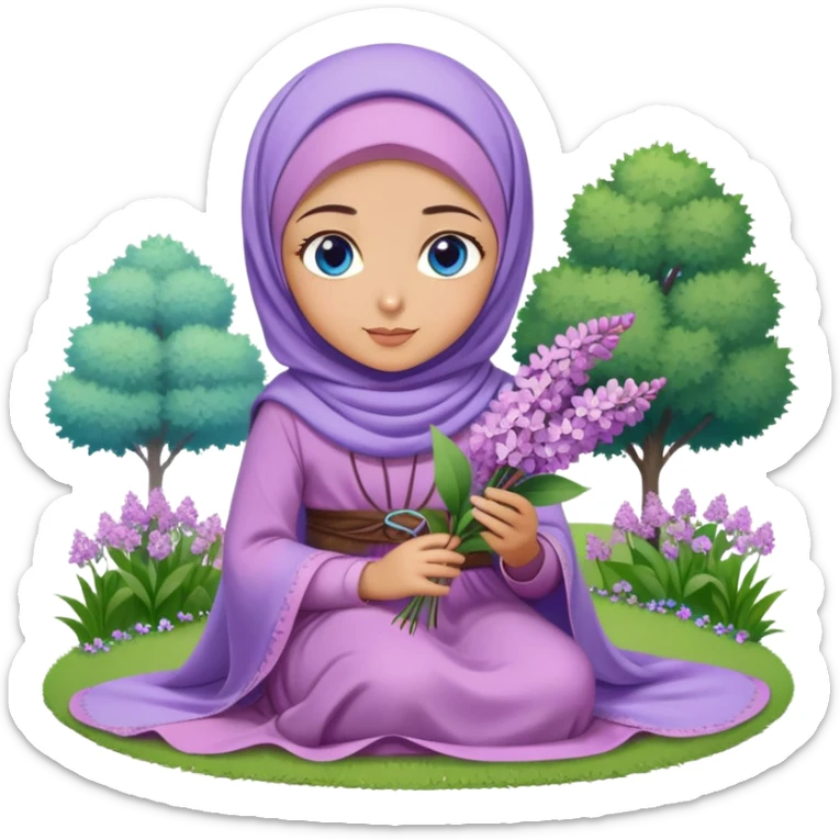 Turkish beautiful finish Konya girl blue eyes with lilac flower hijab long tail dress and sits on the grass on the ground and hold lilac flower on hand  sticker