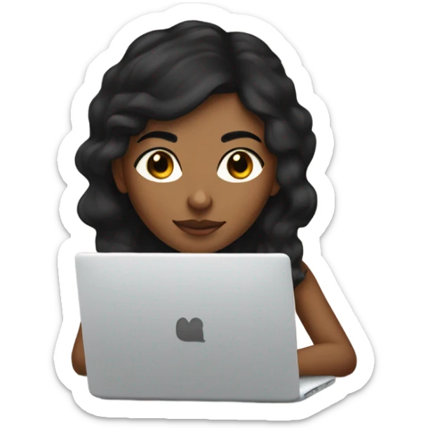 Brown girl with small black dot in between her eyebrows and long black hair typing on a laptop sticker