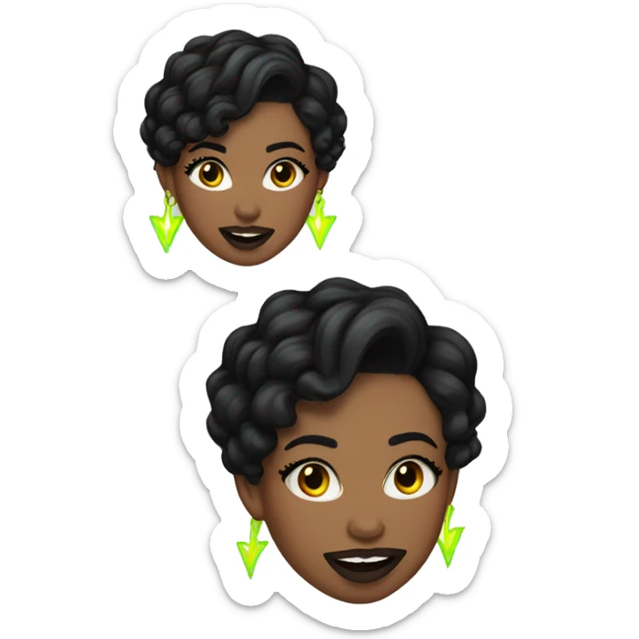 woman with short, wavy black hair, dark brown eyes and long eyelashes, wearing neon lightning bolt earrings with a tongue piercing and a black top sticker