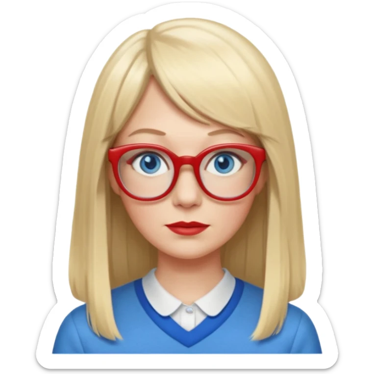 45 yr old white woman, pale skin, long straight blond hair parted in center, blue eyes, bangs, clothes for school, big red glasses sticker
