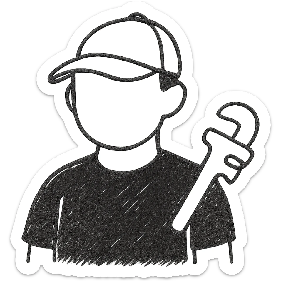 Plumber wearing a black t-shirt in hand-drawn black outline style, simple and clear line art with no fill, emphasizing the black t-shirt. sticker