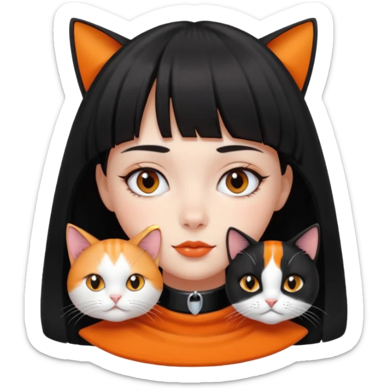 a girl with a short black curtain bangs hair and with her 2 cat color white black cat and orange white cat laying on her neck sticker