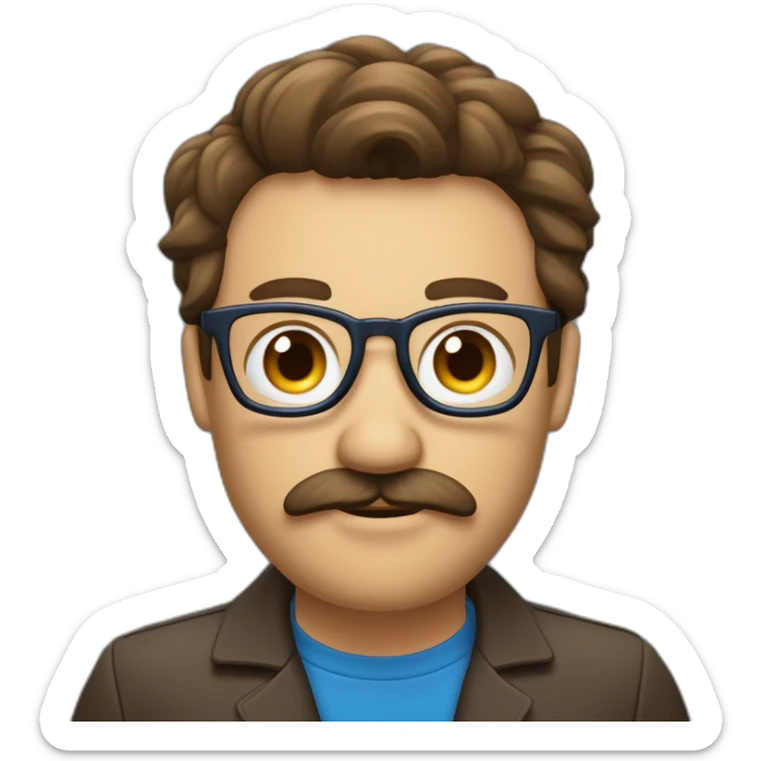 un développeur devant son ordinateur brun cheveux mi long une raie au milieux avec écouteur yeux bleus moustache peau normal sticker