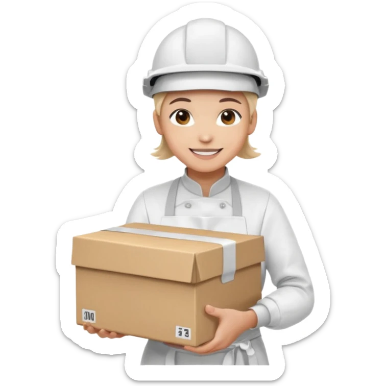 Tengo que dar una capacitacion de orgonomia, necesito un emoji de un operario con casco blanco y delantal blanco de manga larga que levante una caja cerrada con las dos manos a la altura de los hombros sticker