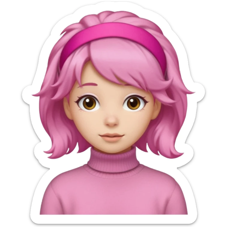 brown fluffy haired girl with pink turtleneck sweater and pink hair band sticker
