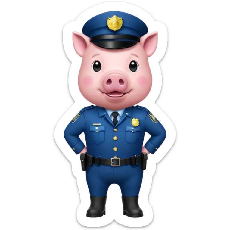 a pig, upright, in a police officer uniform, drooling and looking to the bottom left sticker