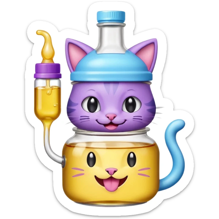 Smiling bottle of oil light purple top and light blue sticking tongue out and with cat ears sticker