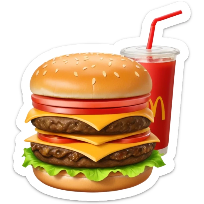 i want a Cheeseburger and Fries with a angle to 15–20° gentle bird’s-eye angle with a cold drink with ice cube with straw with some fries thicker like McDonald's french fries sticker