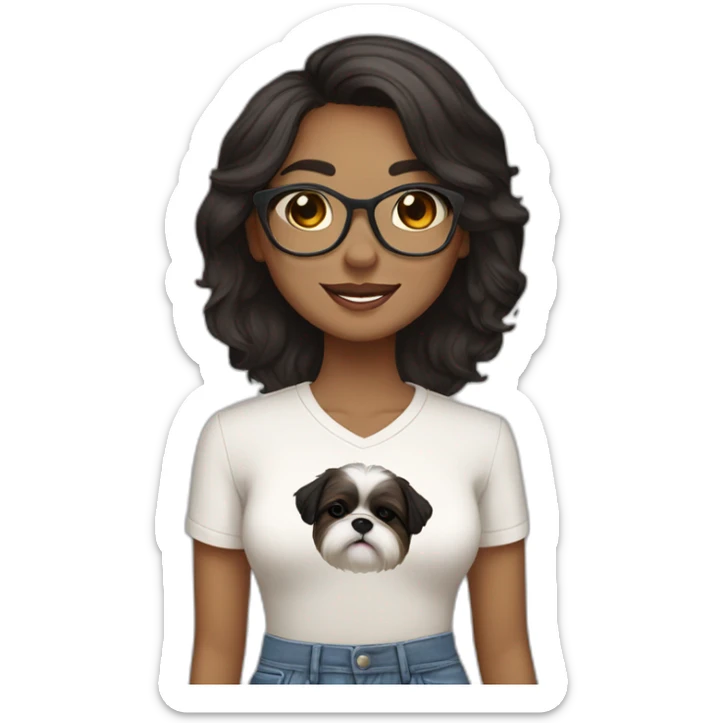 black haired woman wearing a shirt SAYING "BINDU "with light skin and a smiling shih tzu wearing a shirt saying "BROWNIE" sticker