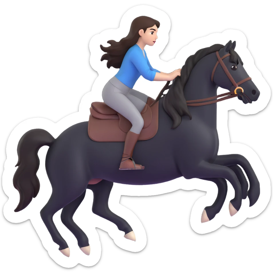 dynamic image of a brunette girl with long hair riding a black horse without a saddle, both in motion sticker