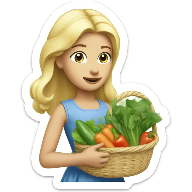 Girl with blonde hair and blue eyes wearing a sleeveless sundress and carrying two baskets of vegetables and greens sticker