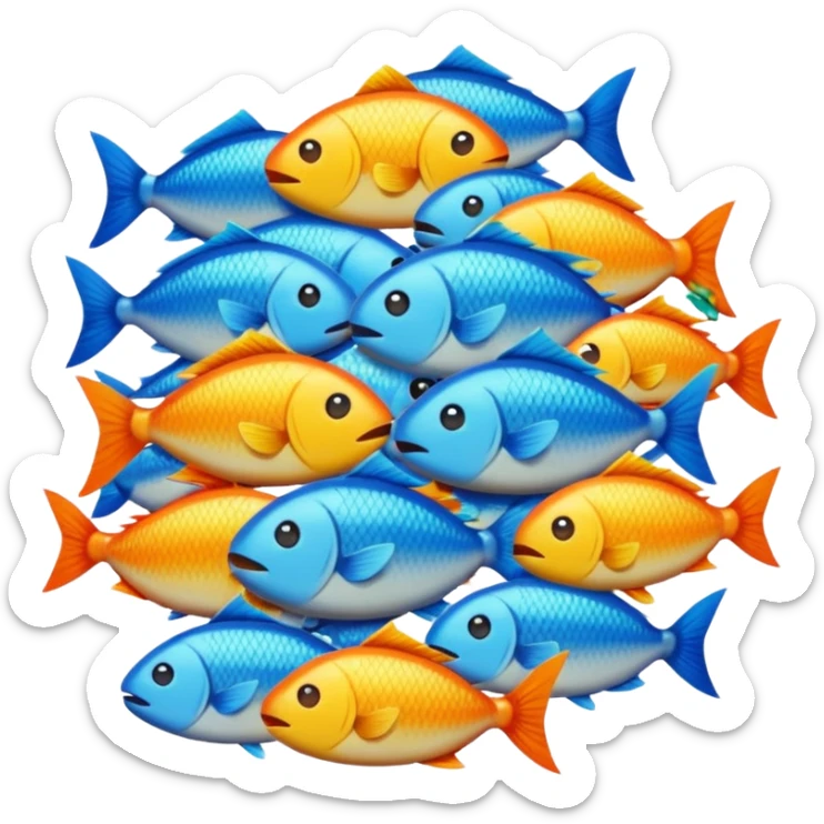 Make the pile of fish even larger, with more fish, in apple style emojis. Variation 1 with a bigger and denser pile of fish, consistent with emoji style. sticker