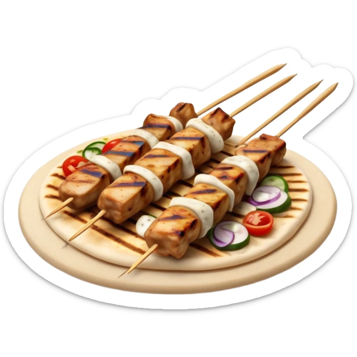 cinematic-realistic-souvlaki-dish-emoji,-showcasing-skewered,-grilled-chicken-with-mediterranean-spices-rendered-with-dynamic-textures-and-warm,-appetizing-lighting on pita bread sticker