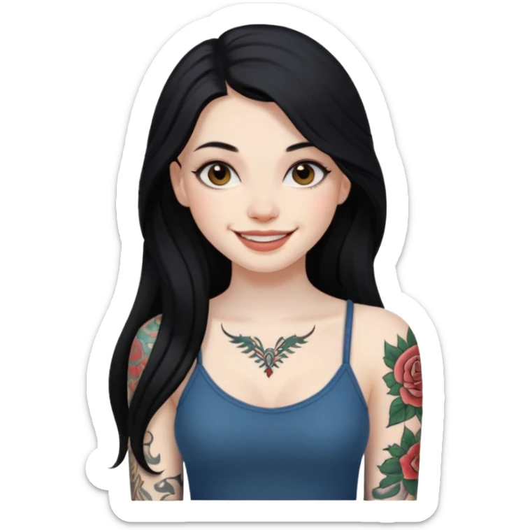 an ios genmoji for a fair girl with black long hair  tattooed, beautiful girl sticker