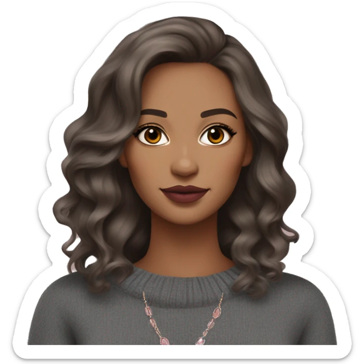 A woman with medium-length wavy brown hair, almond-shaped brown eyes, bold earthy-toned makeup, full nude-pink lips, and layered silver jewelry, wearing a dark top and gray sweater. Elegant and modern look. sticker