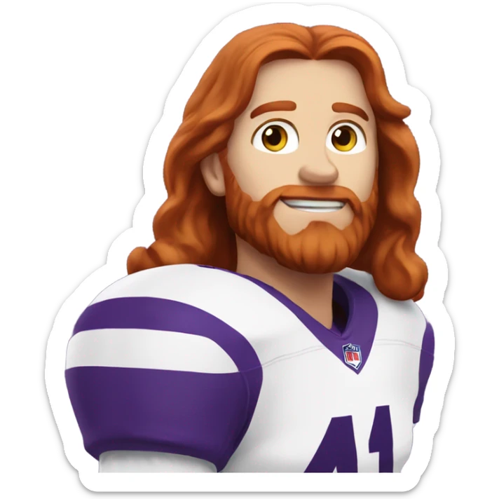 Redhead jesus playing American football wearing purple number 14 sticker